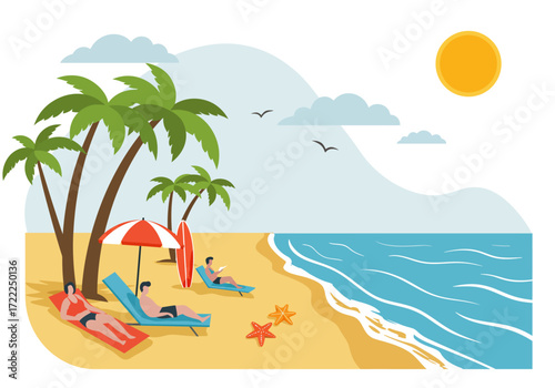 Two People Relaxing on a Beach with a View of Palm Trees and Surfboards.