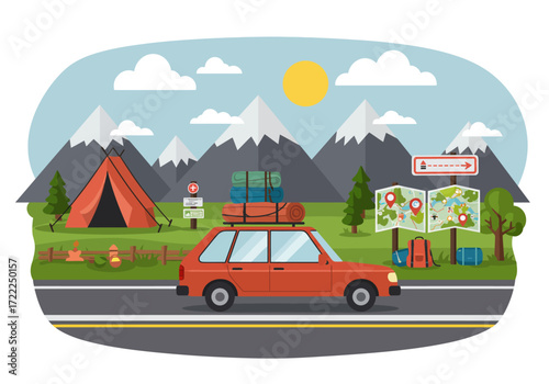 A road trip to the mountains with an orange car and complete camping