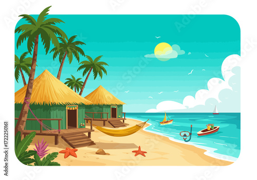 A Tropical Island Vacation View with Beachfront Huts and Palm Trees.