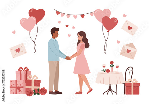 A Romantic Couple Celebrating Valentine's Day with Gifts and Heart Balloons.