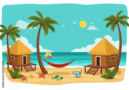 A Tropical Island Vacation View with Beachfront Huts and a Hammock.