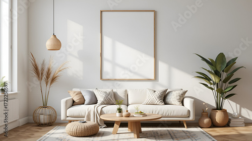 wall with lank frame poster mockup. Scandinavian boho home interior design of modern living room