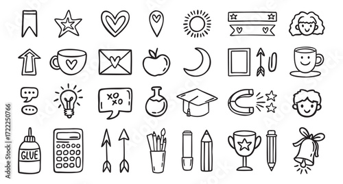 Random school elements set, primary cute icons, line art outline contour, monochrome, hand drawn