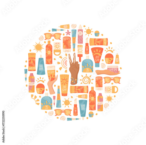 Cartoon sunscreen bottle, lotion, cream, spray, and tube in round collection shape. Spf sunblock, concept product banner design, summer care, cosmetic sun concept, isolated on white background.