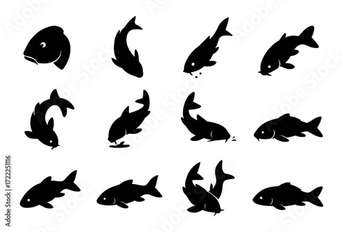 Collection of silhouette fish illustrations featuring varied poses and movements