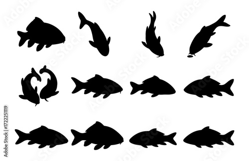 Silhouette collection of koi fish in varied poses and swimming styles