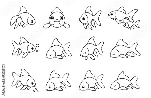 Playful goldfish doodles: simple outline collection of fish expressions