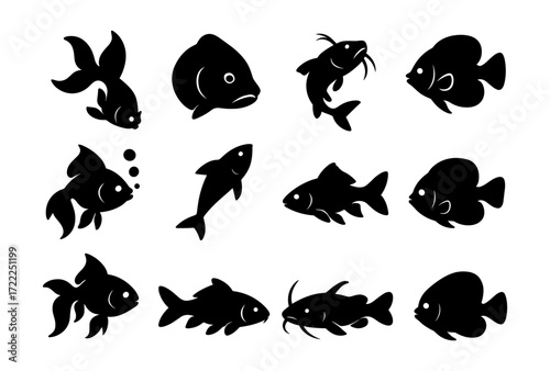 Silhouette collection of diverse fish species icons on white background