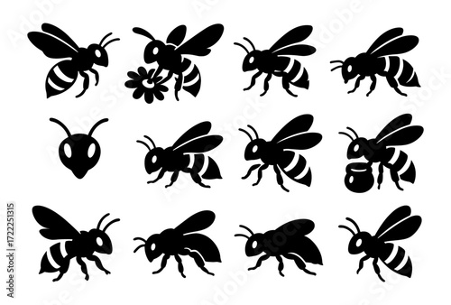 Bee silhouette collection: insects engaged in various activities