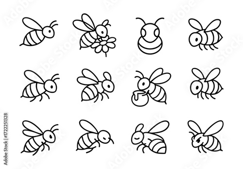 Cute bee drawing collection featuring simple black outline designs and playful poses