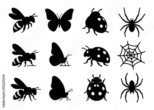 Insect silhouettes with butterflies, spiders, and web on white background
