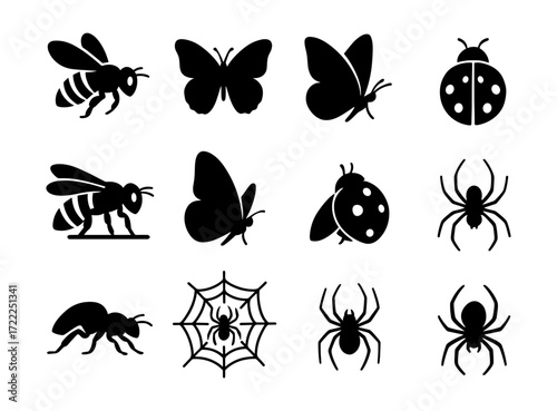 Collection of insect silhouettes featuring butterflies, bees, ladybugs, spiders, and ants