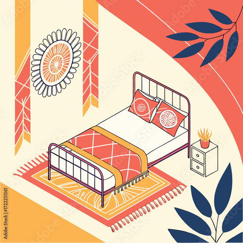 vector illustration of a hotel room with bed