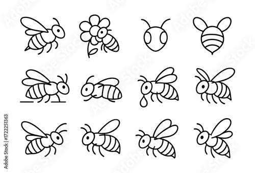 Minimalist bee icons collection: outline honeybee designs with flowers and wings