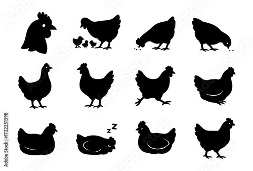 Silhouette collection of chickens in various poses for farm theme designs