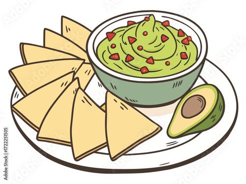 Tortilla chips served with guacamole and sliced avocado on plate  