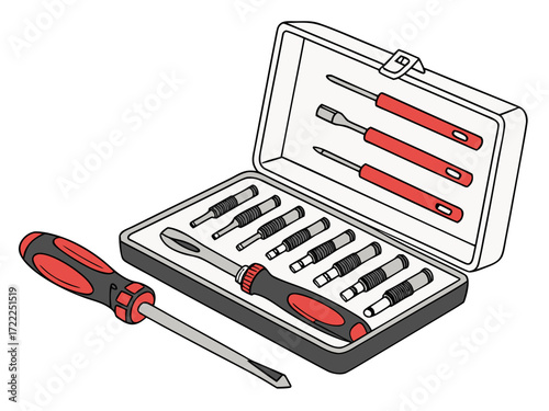 Toolbox with mini tools including screwdrivers on transparent background  