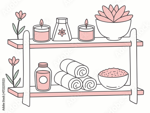 Spa shelf with candles, towels, and plants in minimalist style  