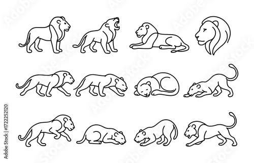 Lion silhouette collection: various poses and profiles in minimalist style