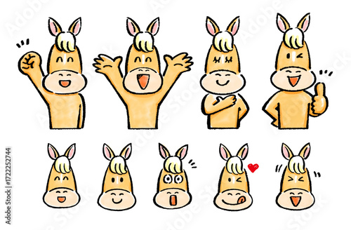 いろいろな表情の馬の手書きイラストセット