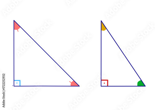 Two right-angled triangles with colorful angles. Geometry diagram showing two different right triangles