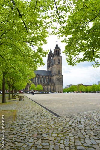 Magdeburg, Germany 04-20-2024 cathedral building and cathedral square, vertical view