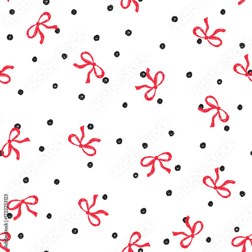 bow with spots seamless vector pattern. red ribbon on white ground. Valentines day. Repeat pattern. cute polka dots with fun sketchy bow illustration. for stationary, paper, wrapping, nightwear, girls