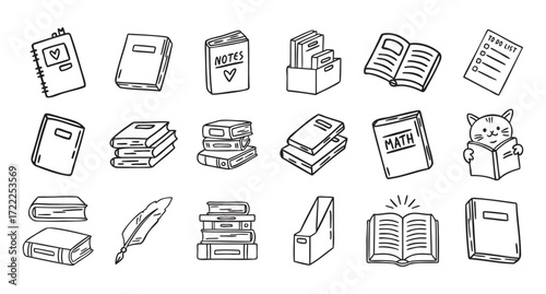 Books elements set, open and stacked with extras, cozy study bundle, line art outline contour, monochrome, hand drawn