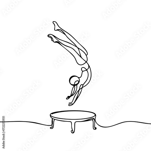 Minimalistic black and white one-line drawing of a trampolinist performing a flip against a plain background, concept of creativity and elegance in sports art, fitness studio, design shop.