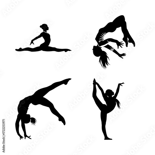 Vector gymnast silhouette logo male and female, Cheerleader silhouette vector illustration performing jump cheerleading squad team, split in jump gymnastics black isolated