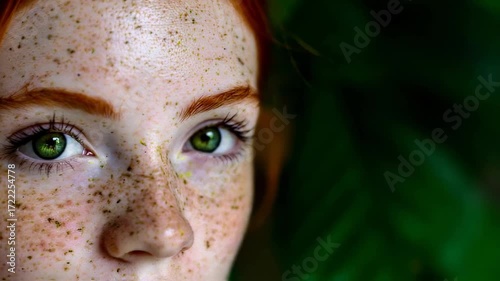 Close-up portrait of a freckled girl with green eyes surrounded by lush green foliage