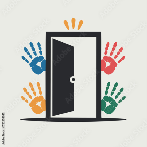 welcoming open door graphic embellished with diverse handprint and icon accents symbolizing opportunity belonging and inclusive access for recruitment outreach and community messaging