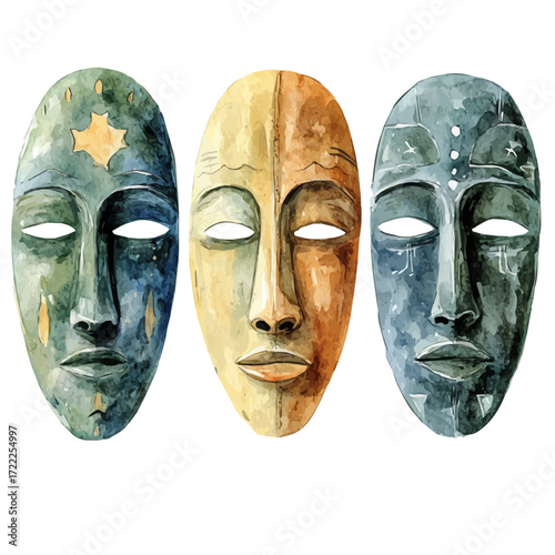 Bolivian Ritual Masks, watercolor vector, isolated on a white background.