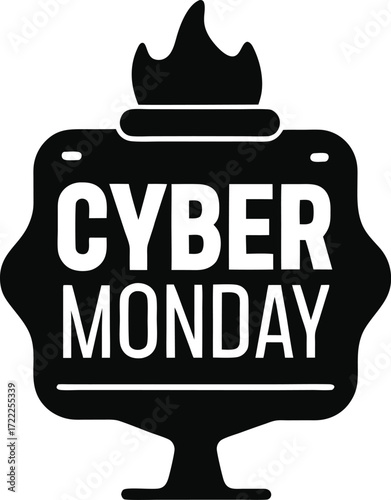 Black silhouette icon for cyber monday with a flame on a computer screen