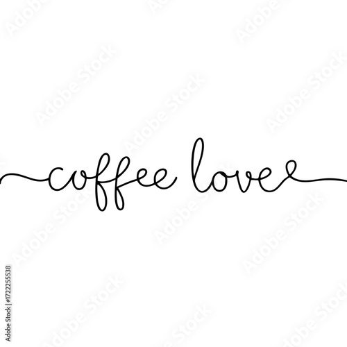 Minimalistic continuous black line drawing of "coffee love" message on plain white background, concept of coffee shops and café culture.