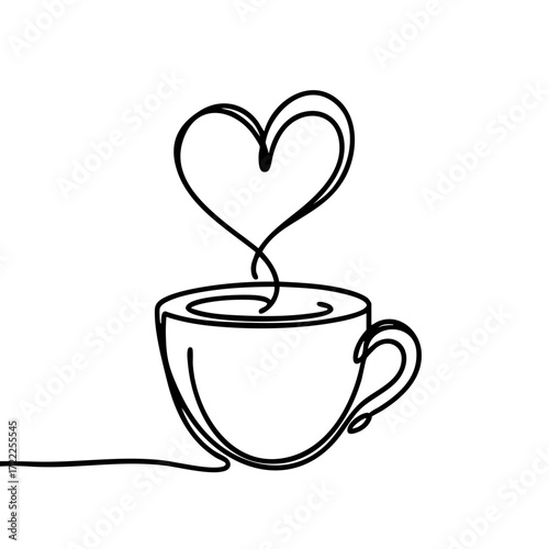 Abstract minimalist black one-line drawing of a heart rising from a coffee cup on a plain white background, concept of love and warmth for cafes, coffee shops.