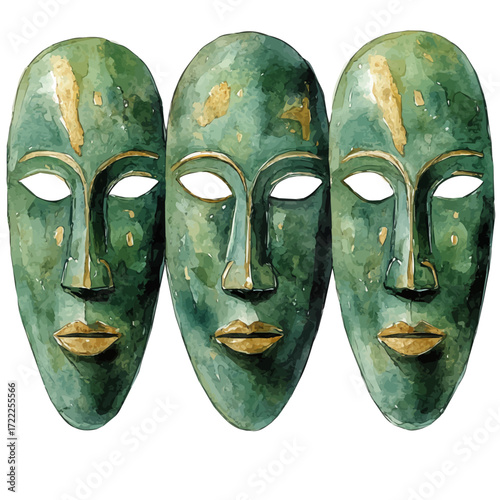 Bolivian Golden Masks, watercolor illustration vector, isolated on a white background.