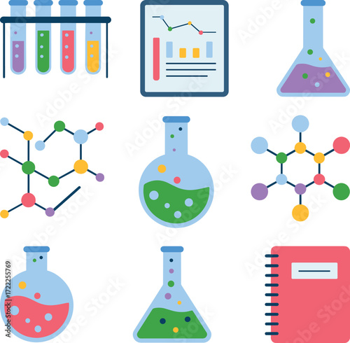 Colorful chemistry and science icons for education and research