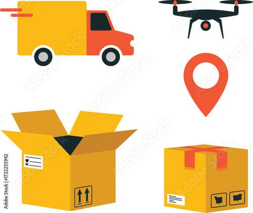 Modern delivery services truck drone package and location icons