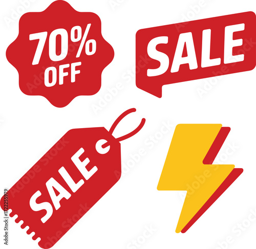 Red sale tags and lightning bolt for discounts and promotions