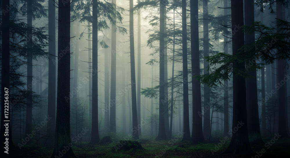 Naklejka premium Mystical deep forest scene with towering trees shrouded in ethereal morning mist, creating a serene and enchanting natural landscape.
