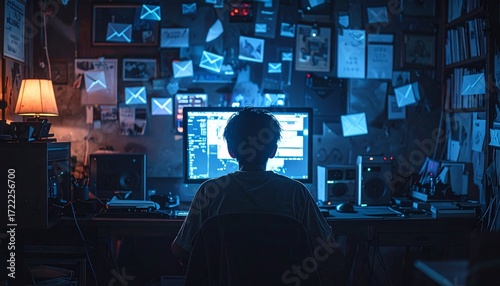Cyberbullying, young man in front of a computer with messages flying around
