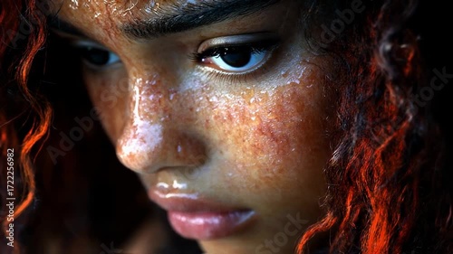Close-up portrait of a young woman with glistening skin, showcasing intense emotions and natural beauty