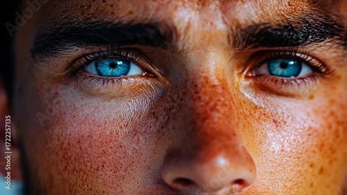 Close-up portrait of a young man with striking blue eyes and freckles, set against a blurred background