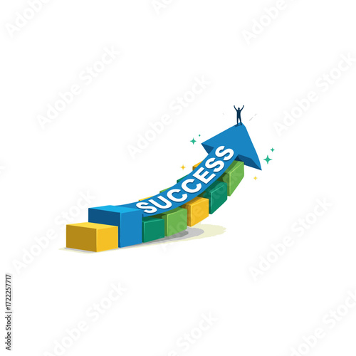 A triumphant figure celebrates on a rising success arrow, a powerful vector illustration symbolizing growth, achievement, and winning