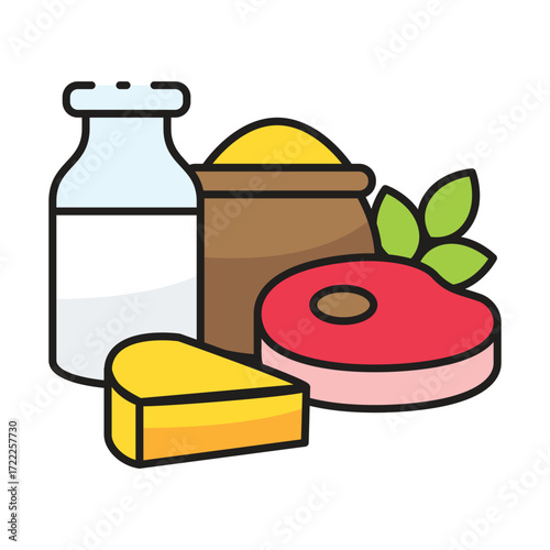 A still life illustration of food items including milk cheese grain and meat