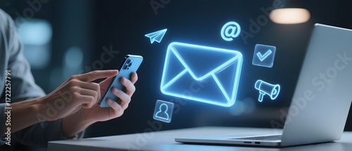 Person using smartphone with digital email and communication icons floating