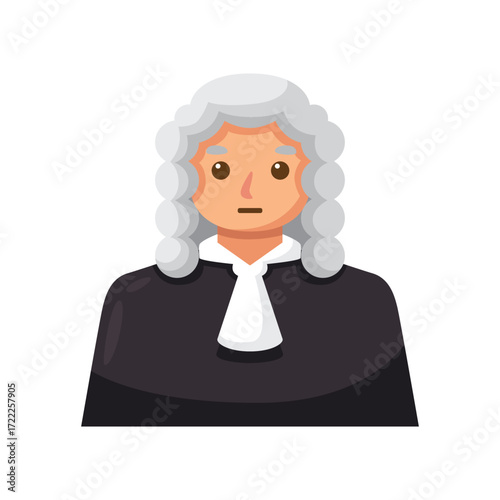 A stylized cartoon depiction of a judge with white wig and black robe