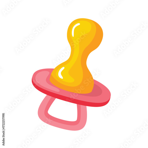 A stylized cartoon pacifier with an orange nipple and pink shield