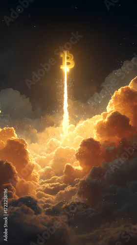 Epic Bitcoin Logo Rocket Launch, Cinematic Space Wallpaper,